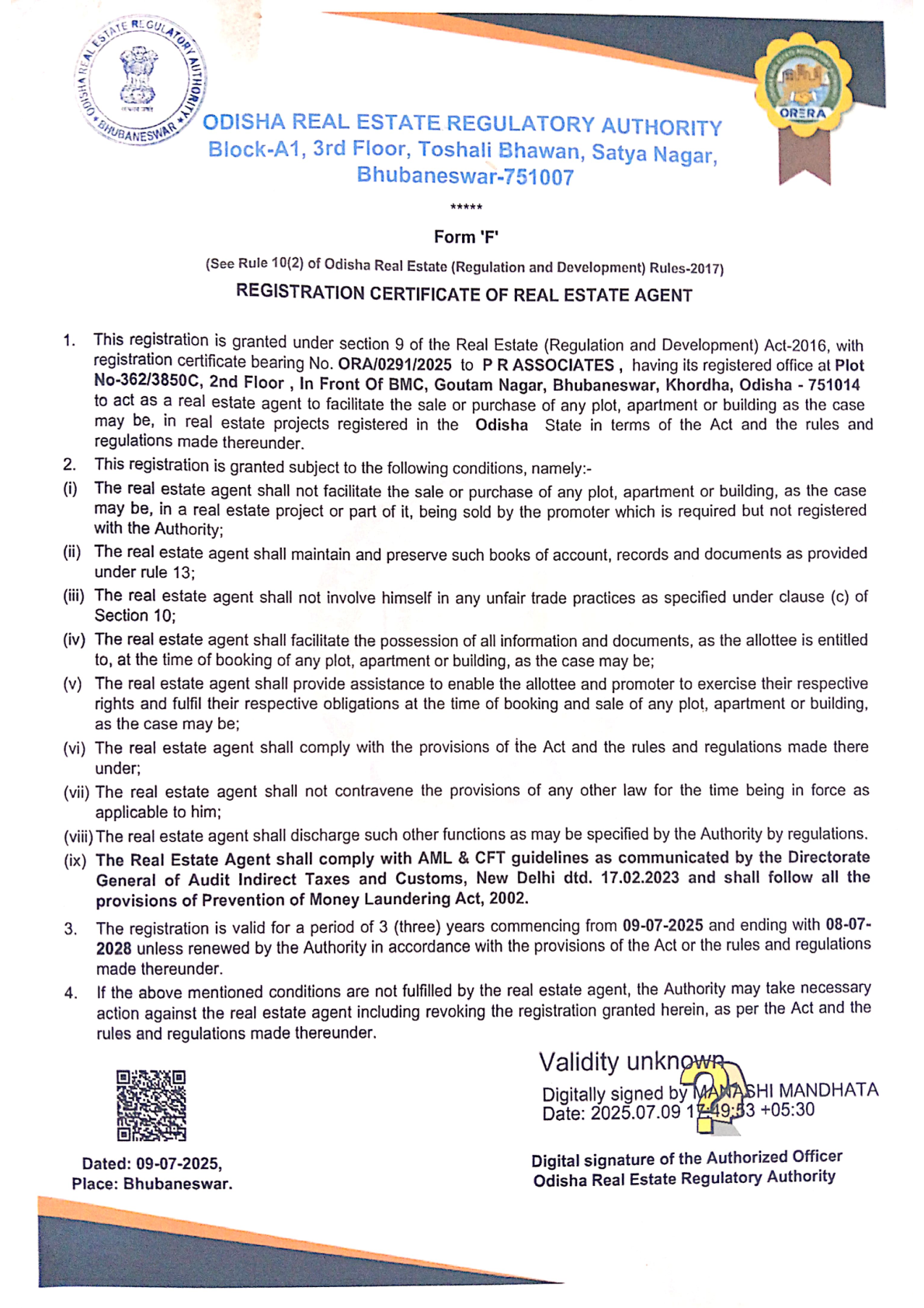 Odisha RERA Registration Certificate
